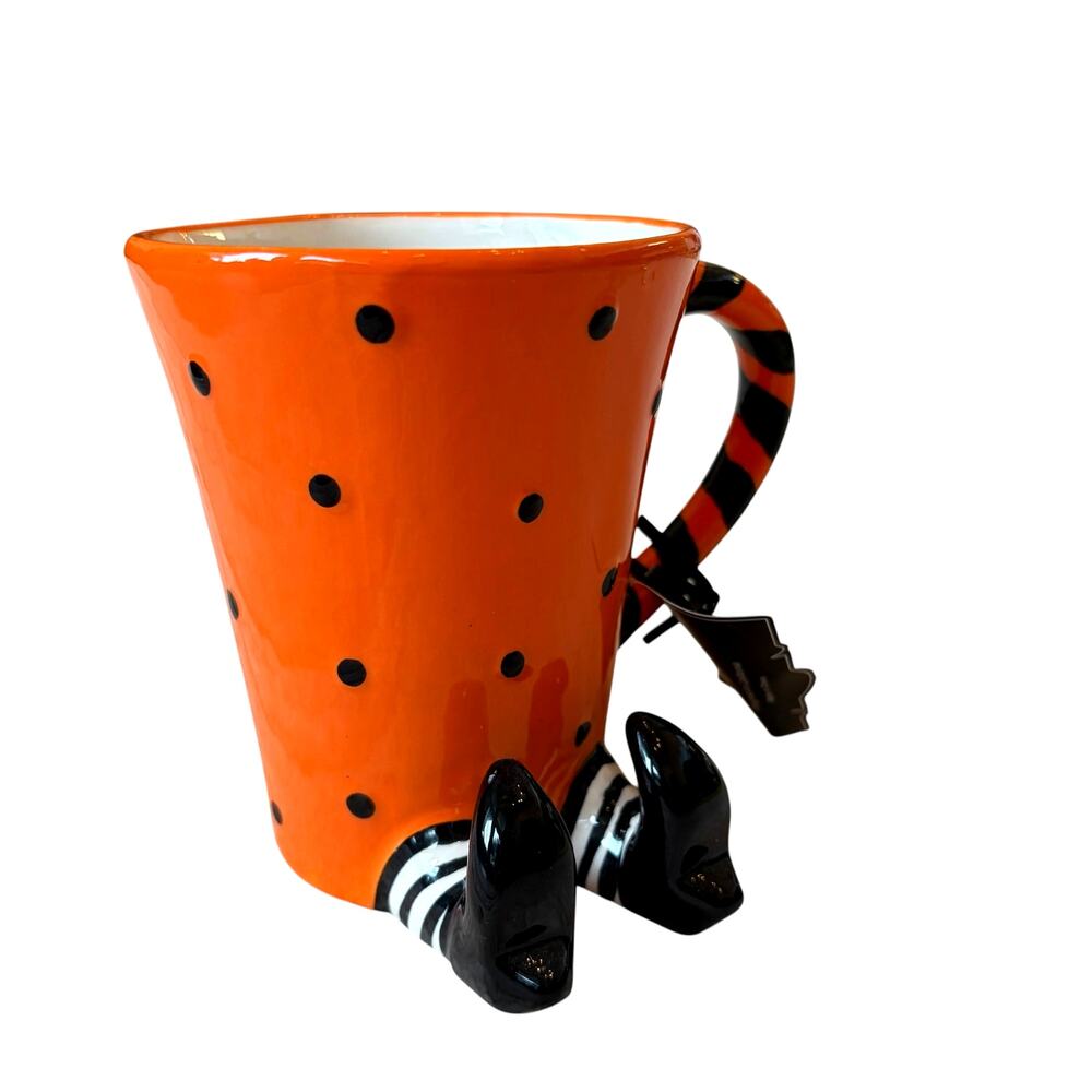 Arlington Designs WITCH LEGS Mug Black & Orange Polka Dots Spooky Halloween NEW